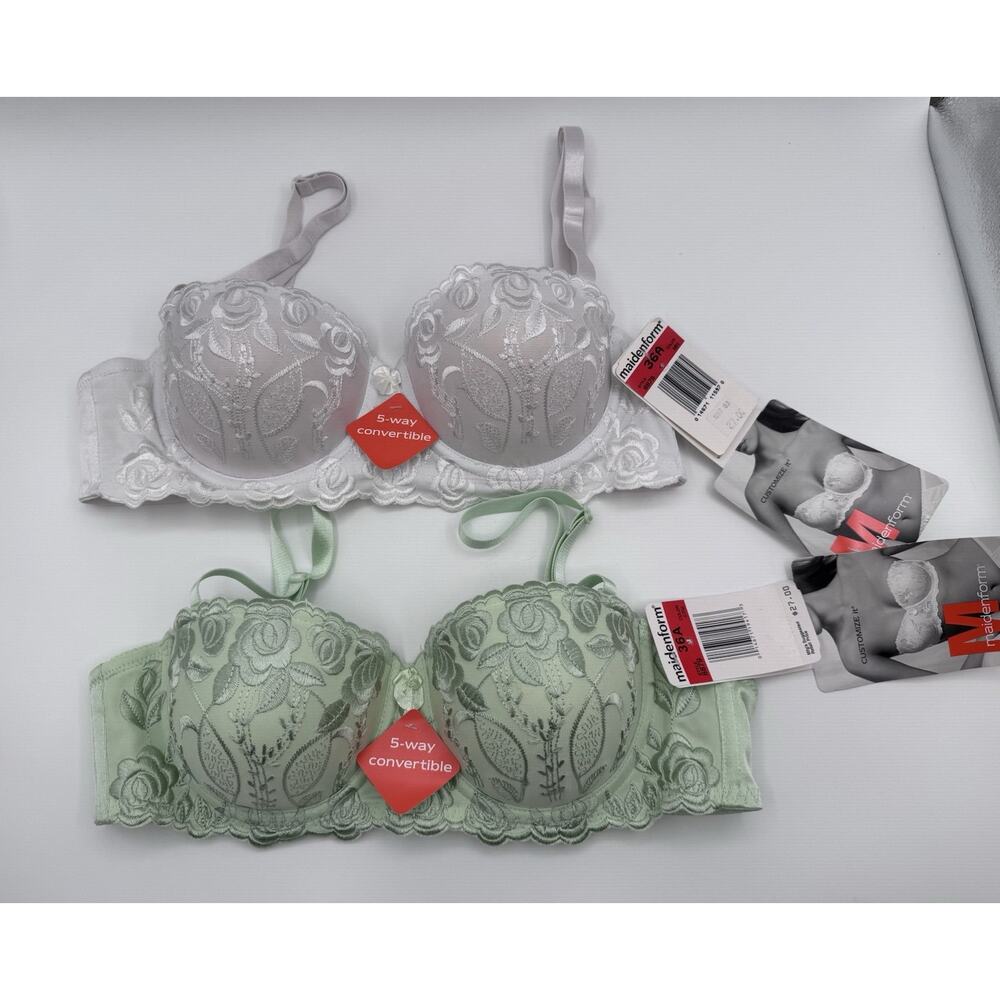 Maidenform Customize It Bras x2 Sz 36A 5 Way Convertible Flower White Mint New
